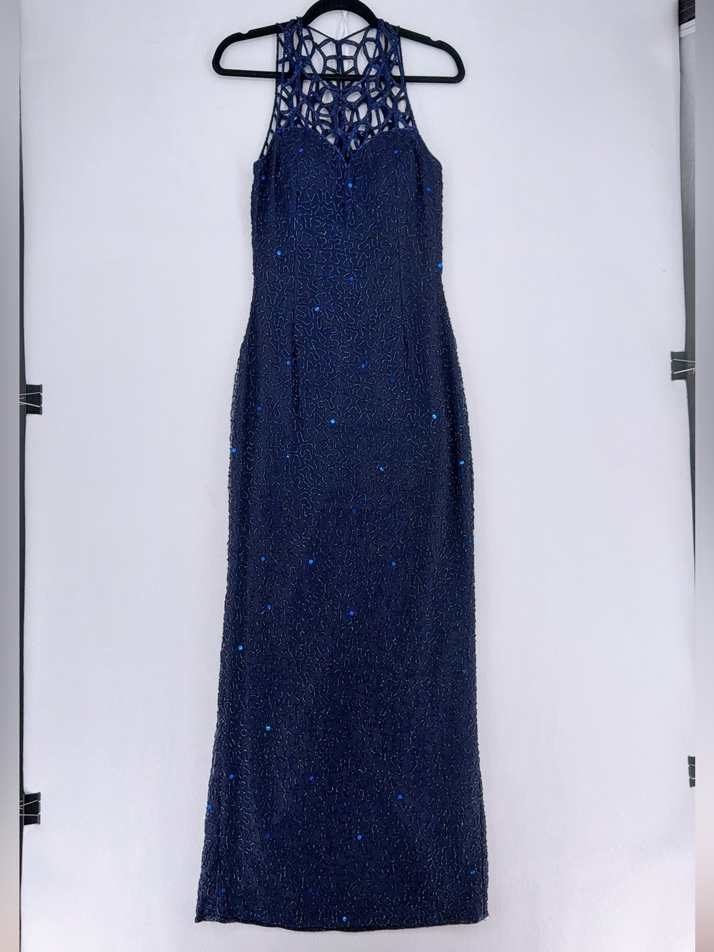 SCALA Vintage Y2K Navy Blue Beaded Silk Halter Prom Evening Gown Dress Size S/M